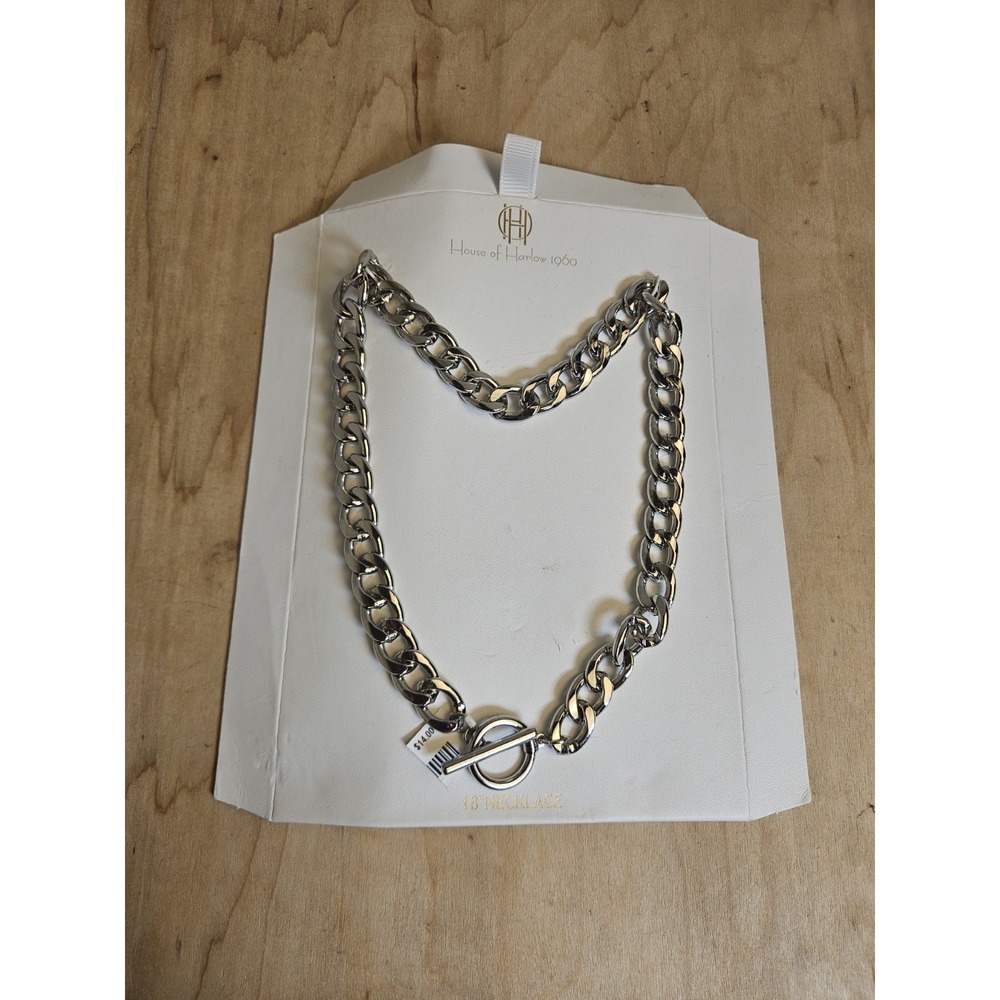 House of Harlow 1960 Silver Tone Chunky Double Curb Chain Toggle Necklace
